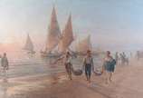 Pasquale Celommi (1851-1928), Pescadores na pra... - Óleo sobre tela. Craquele e restauro.
