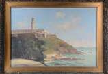 Sem assinatura, Recanto de praia com farol - Óleo sobre tela. Pintura com craquelê.