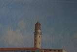 Sem assinatura, Recanto de praia com farol - Óleo sobre tela. Pintura com craquelê.