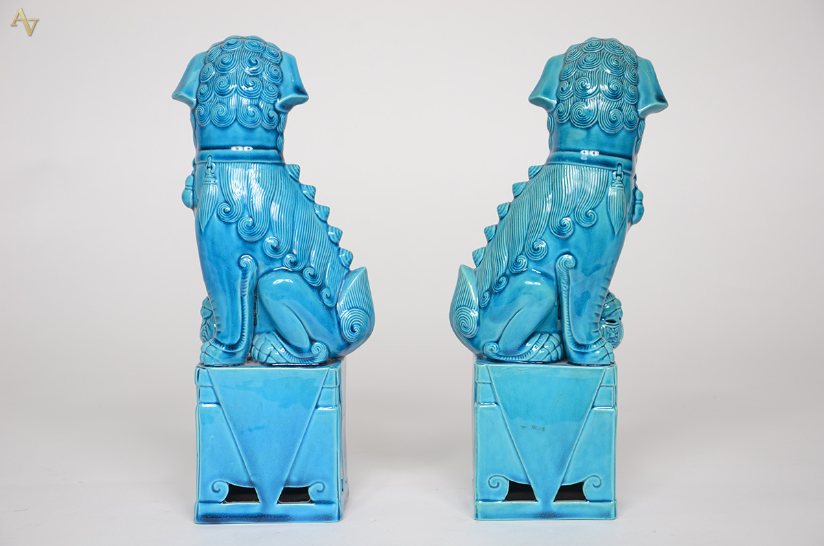 Par de cães de fó de porcelana oriental azul turquesa. Altura 30 cm... - foto 2 de 2