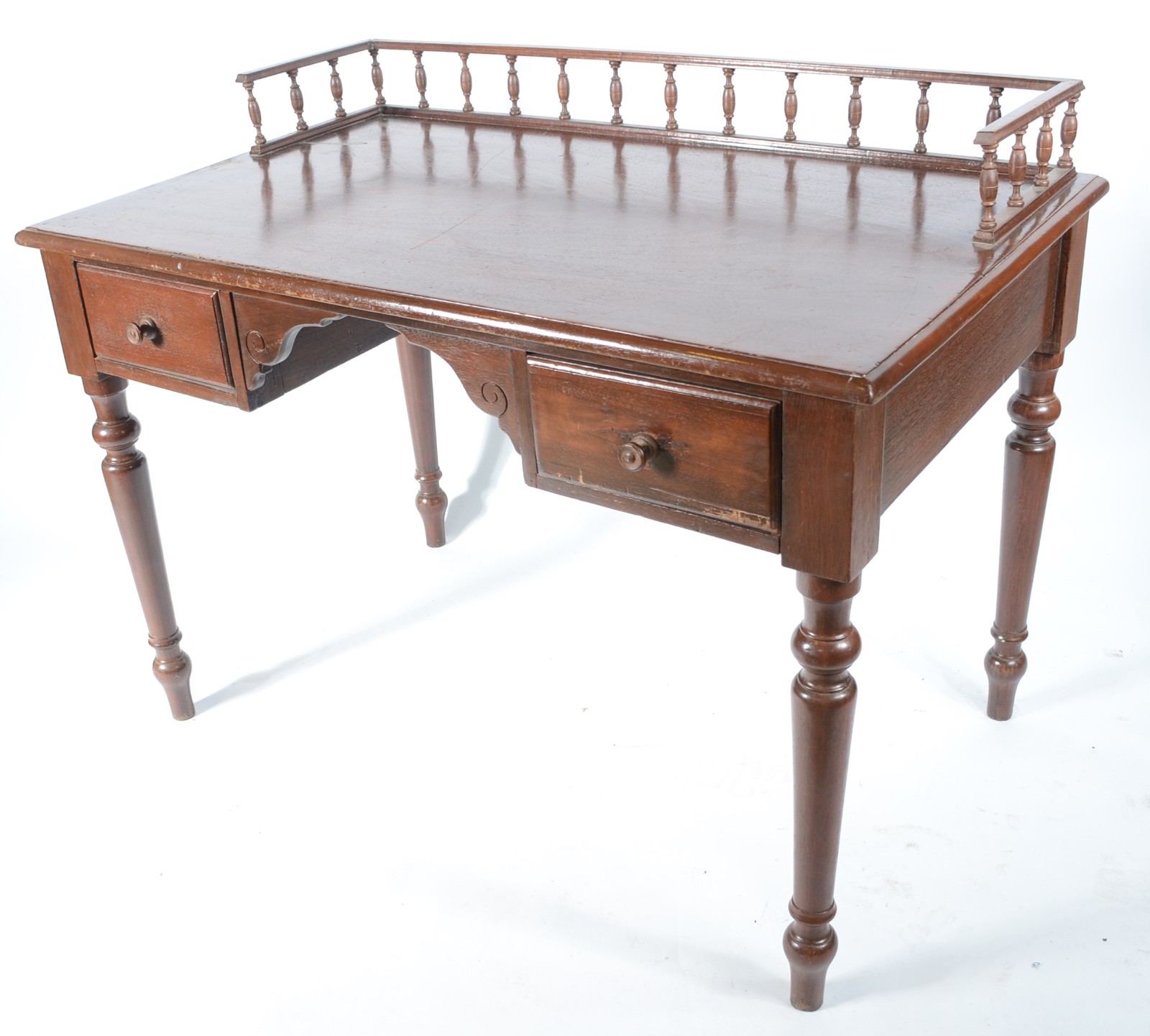 Mesa para escrita de madeira nobre, duas gavetas, galeria com pinos... - foto 1 de 10