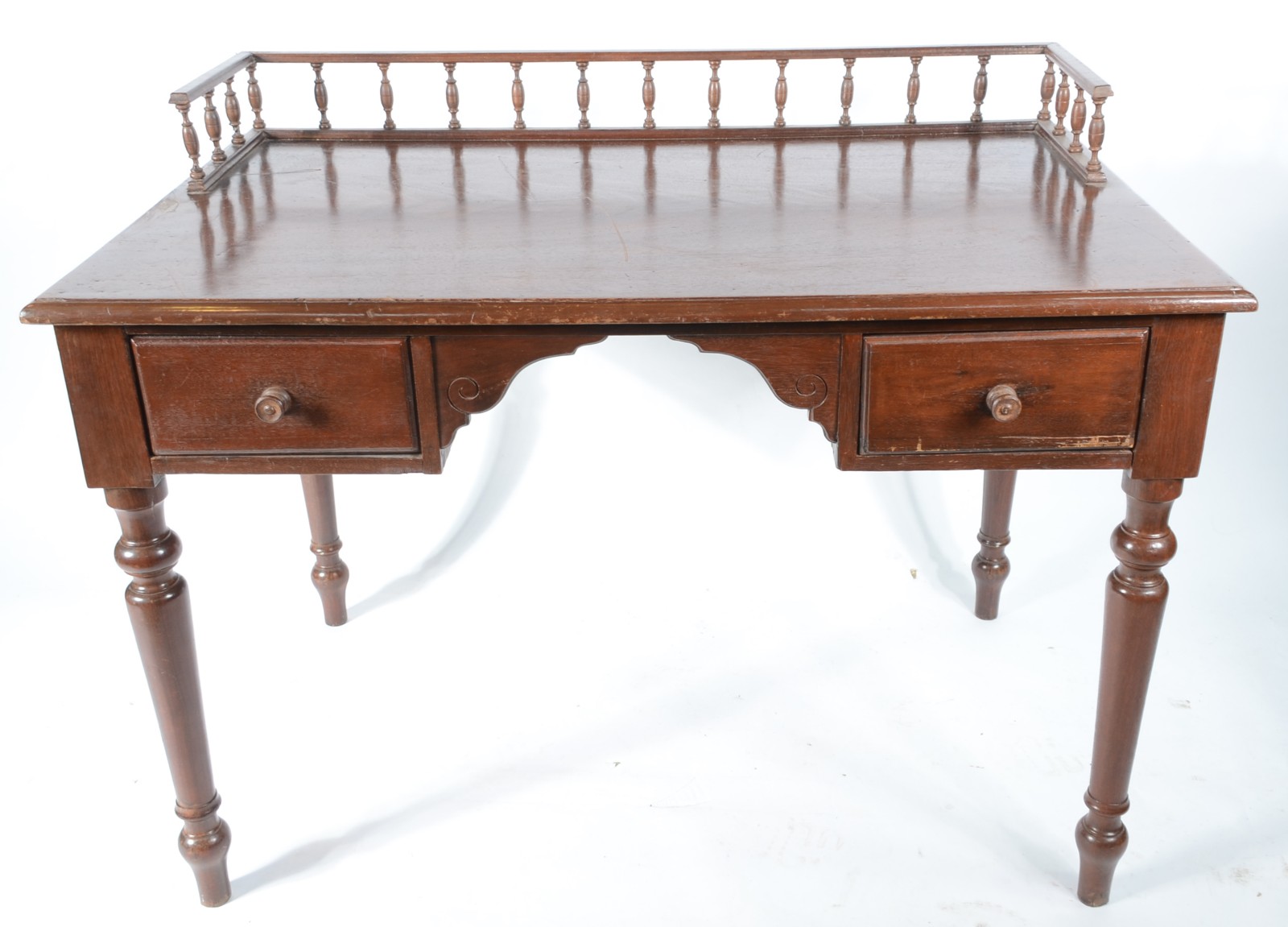 Mesa para escrita de madeira nobre, duas gavetas, galeria com pinos... - foto 2 de 10