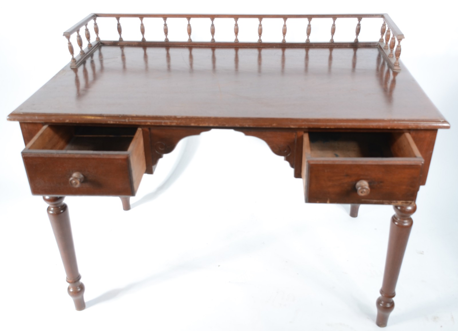 Mesa para escrita de madeira nobre, duas gavetas, galeria com pinos... - foto 3 de 10