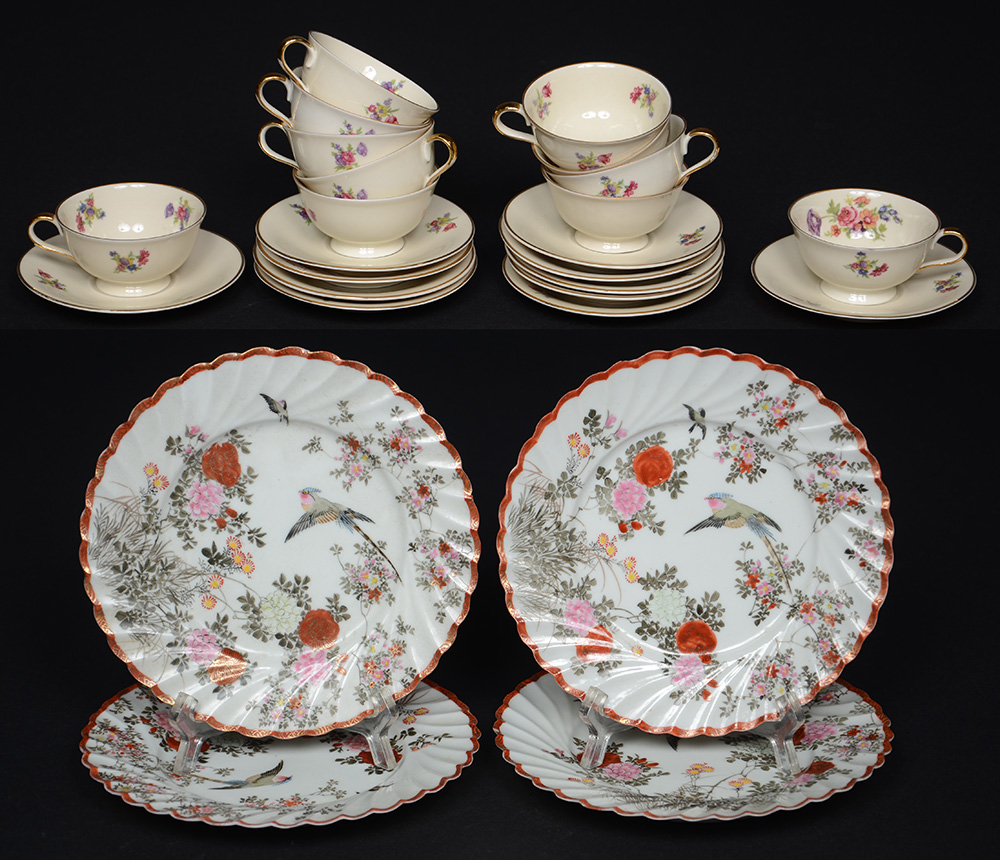 Diversas peças, sendo quatro pratinhos de porcelana para sobremesa...