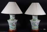 Par de abatjoures de porcelana oriental decorad... - Par de abatjoures de porcelana oriental decorados com flores e guirlandas em policromia, bases de madeira. Metal com oxidações. Acompanham cúpul...