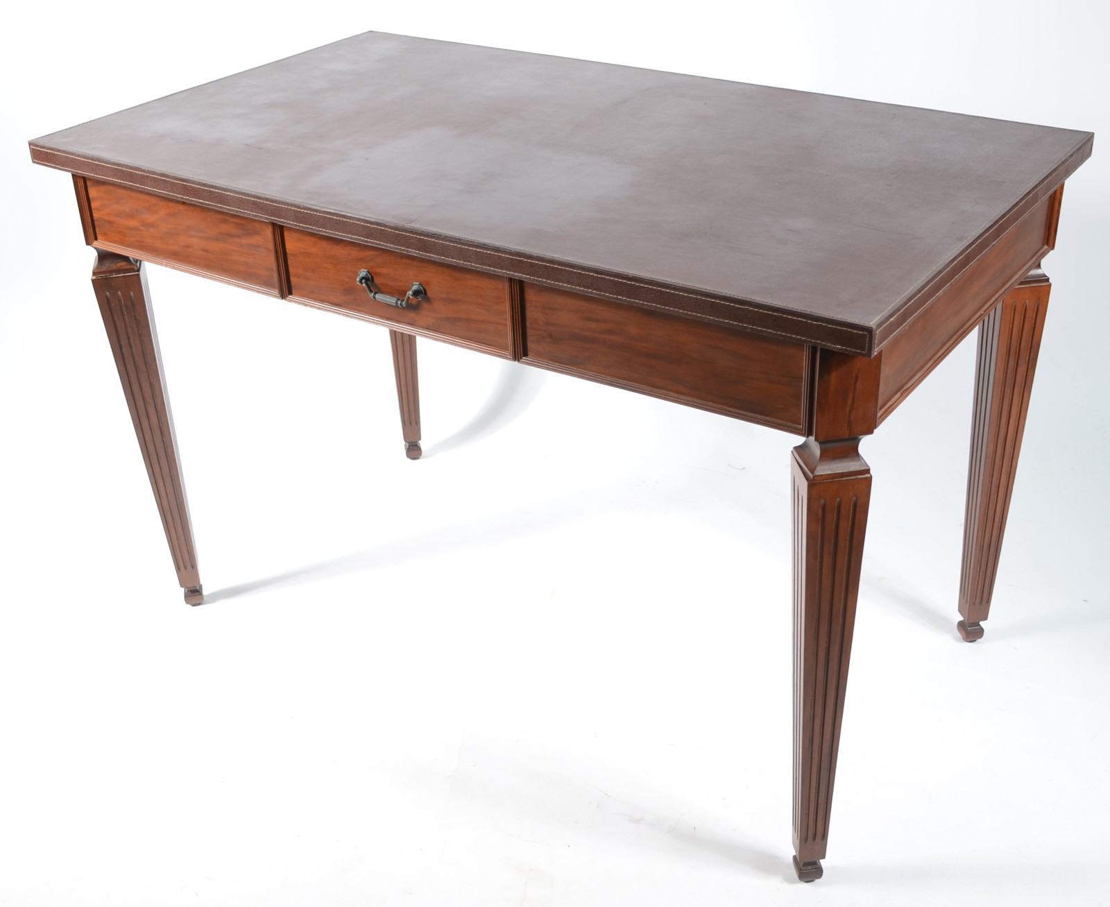 Mesa escrivaninha de madeira nobre, tampo retangular coberto por... - foto 1 de 7