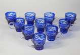 Poncheira de cristal doublé azul lapidada com 1... - Poncheira de cristal doublé azul lapidada com 10 canecas