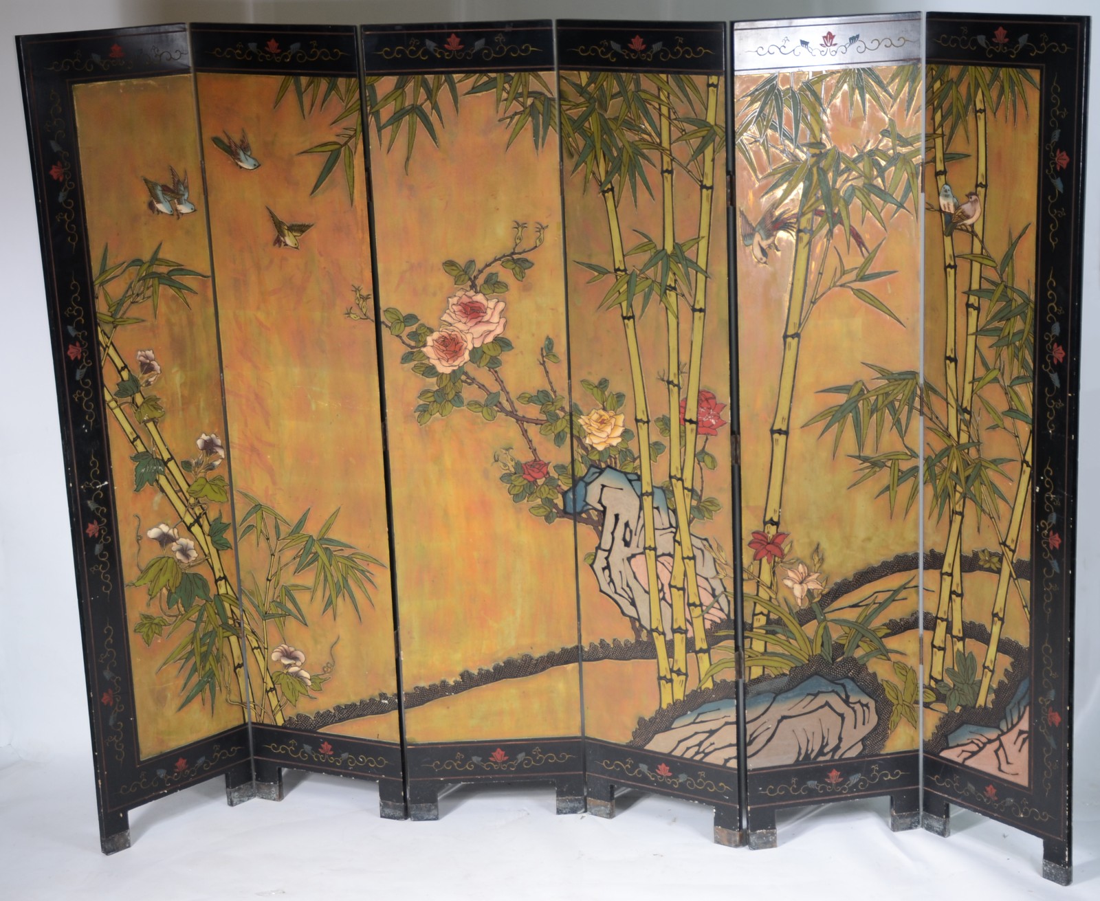 Biombo chinês de 6 folhas em madeira laqueada de preto, decorado com... - foto 1 de 7
