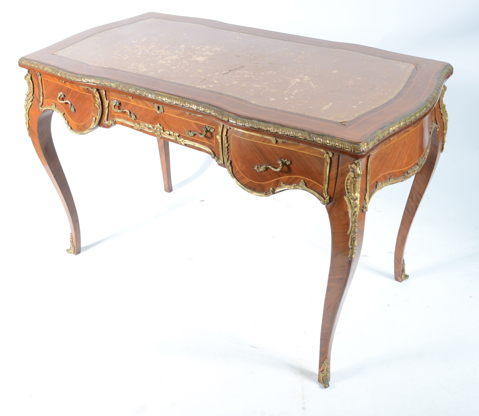 Mesa bureau de madeira parquetada, estilo frances, tampo de couro... - foto 1 de 10