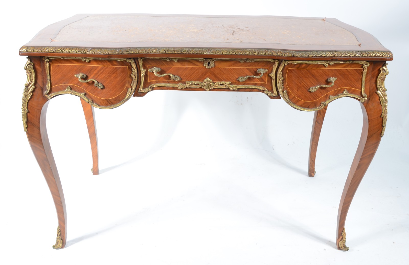 Mesa bureau de madeira parquetada, estilo frances, tampo de couro... - foto 4 de 10