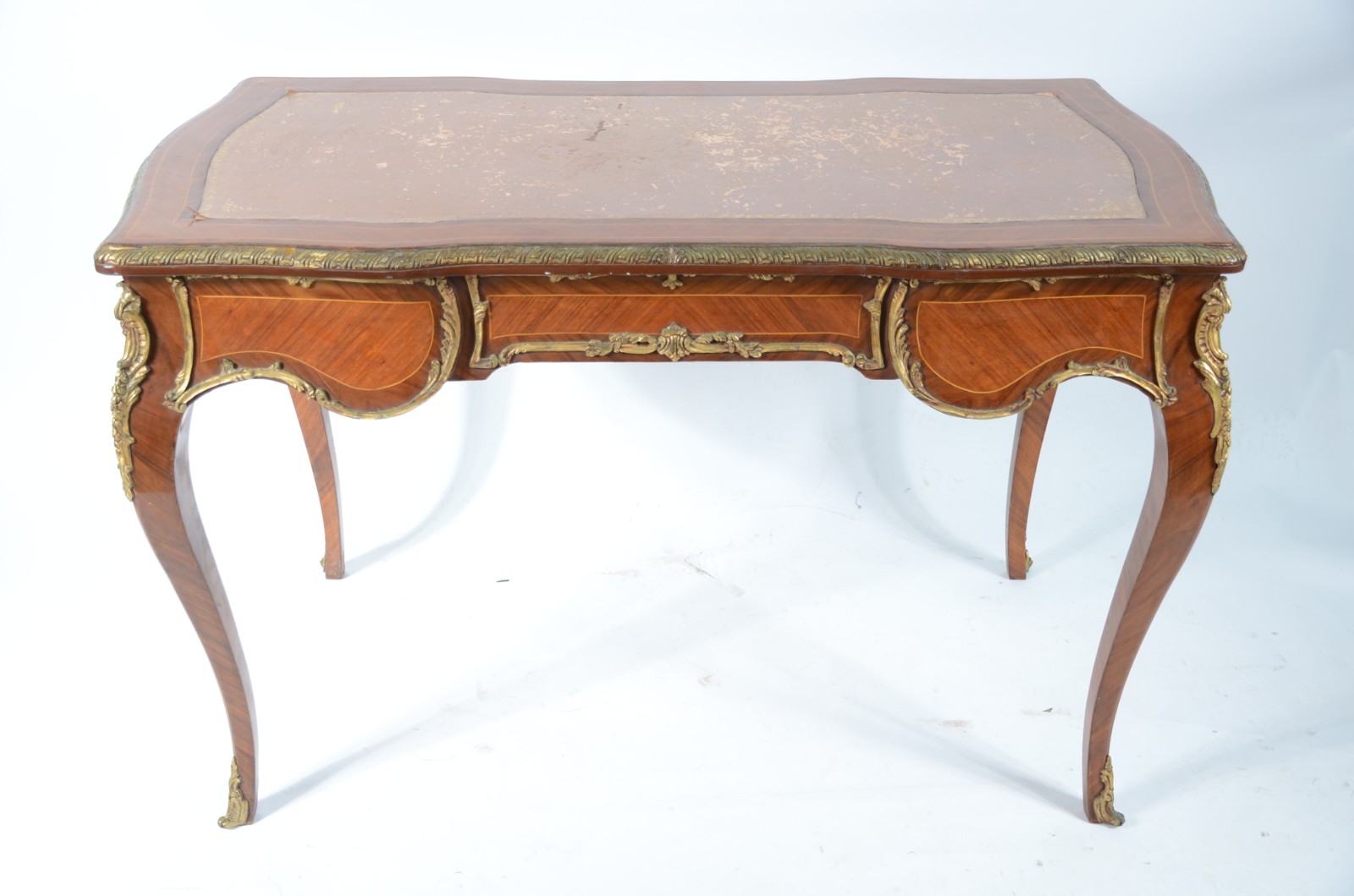 Mesa bureau de madeira parquetada, estilo frances, tampo de couro... - foto 10 de 10