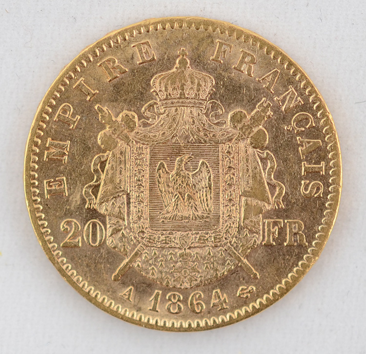Moeda 20 francos - França 1864, flor de cunho, 900 milésimos - Peso... - foto 2 de 2