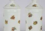 Par de potes de opalina branca decorado com flo... - Par de potes de opalina branca decorado com flores em policromia realces dourados (desgastes). Um deles com parte interna da tampa quebrada.