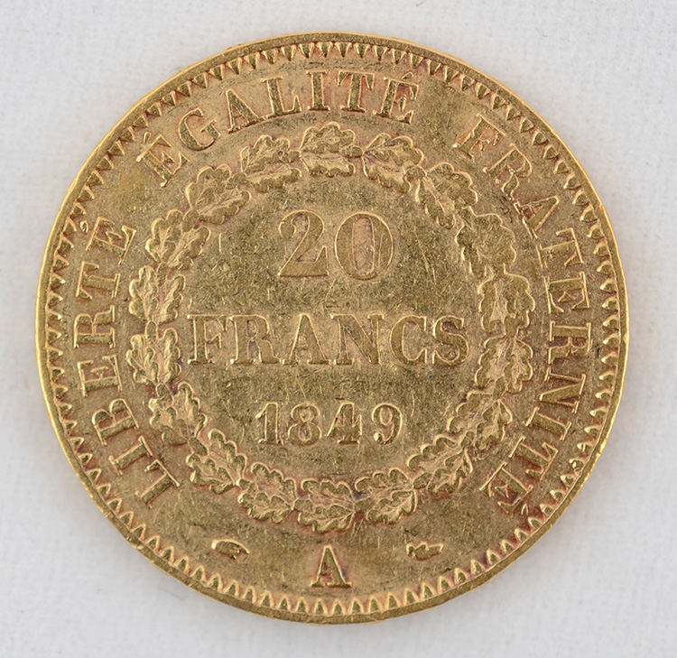 Moeda 20 francos - França 1849, flor de cunho, 900 milésimos - Peso... - foto 2 de 2