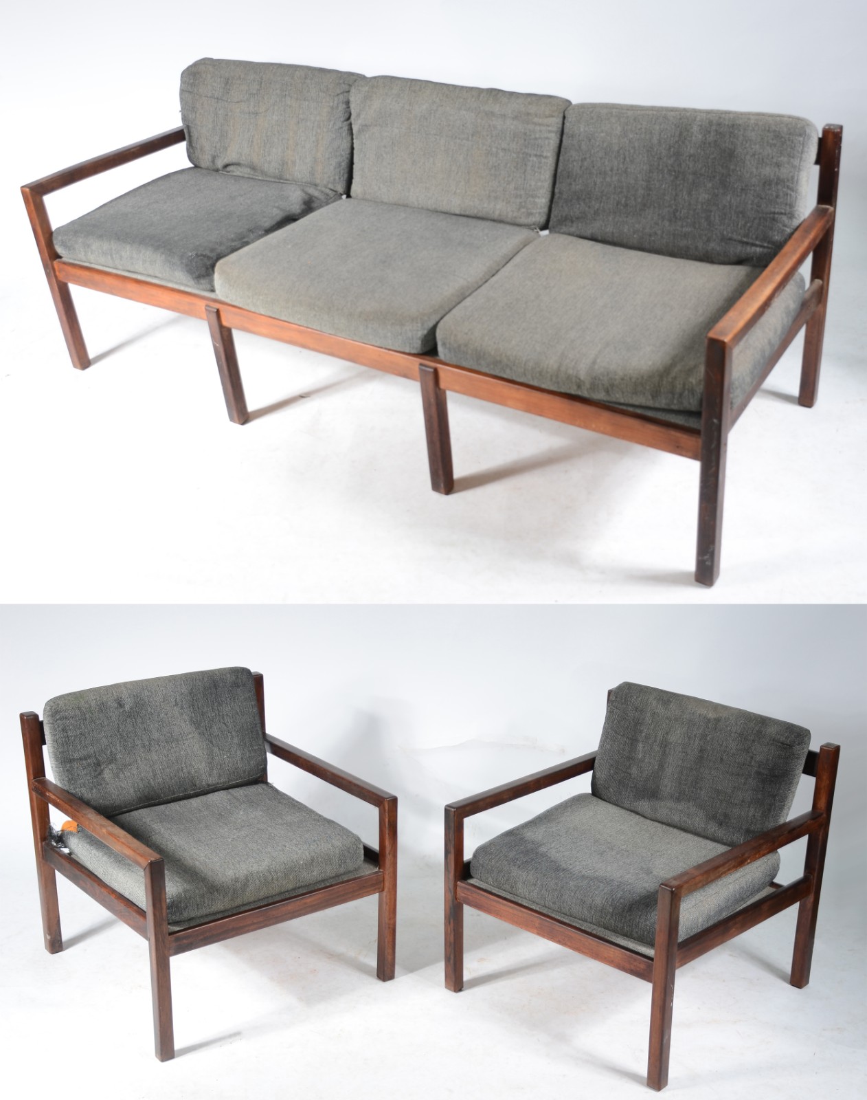 Conjunto de sofá e par de poltronas de jacarandá, almofadas soltas... - foto 1 de 7