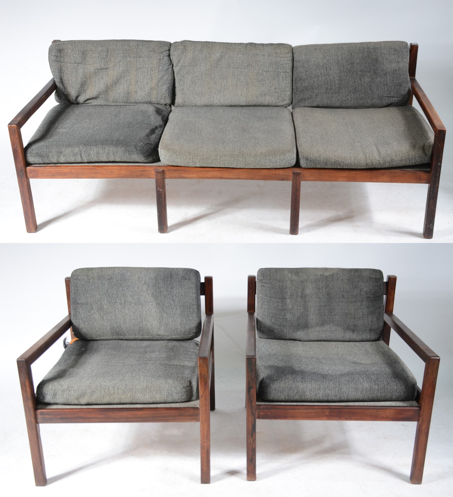 Conjunto de sofá e par de poltronas de jacarandá, almofadas soltas... - foto 2 de 7