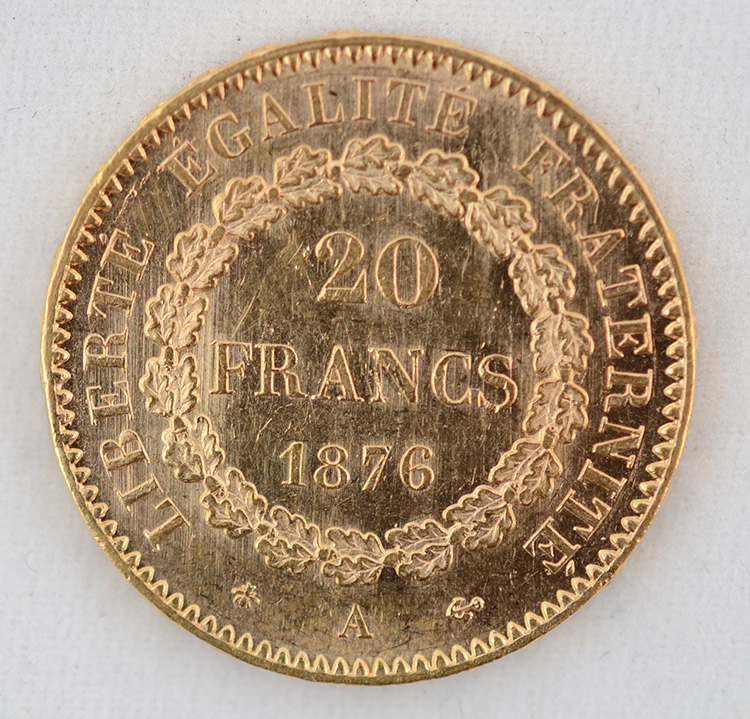 Moeda 20 francos - França 1876, flor de cunho, 900 milésimos - Peso... - foto 2 de 2