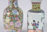 Dois vasos de porcelana oriental, decorados com... - Dois vasos de porcelana oriental, decorados com flores em policromia, modelos diversos.