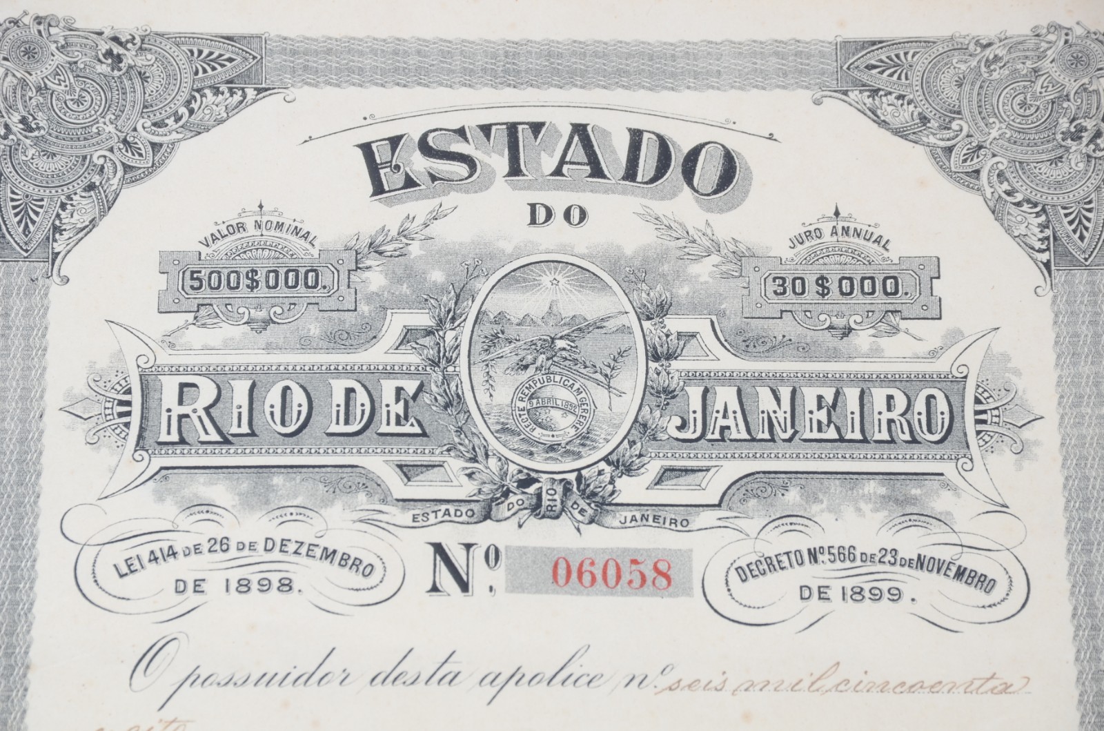 Duas apólices do Estado do Rio de Janeiro - 500mil réis. - foto 2 de 6