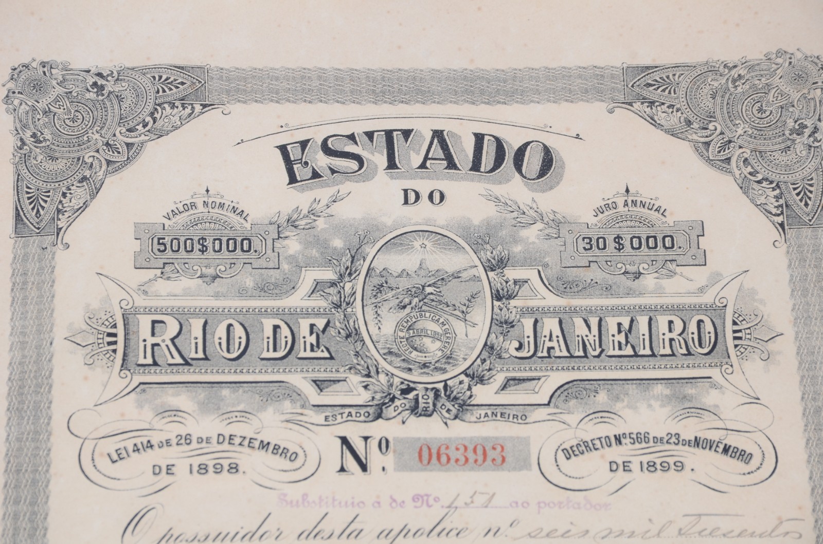 Duas apólices do Estado do Rio de Janeiro - 500mil réis. - foto 4 de 6