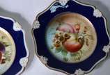 Rosenthal (1907),  - Conjunto com nove pratos de sobremesa de porcelana da Bavaria, parte central com frutos em policromia em diversos arranjos, borda azul cobalto recorta