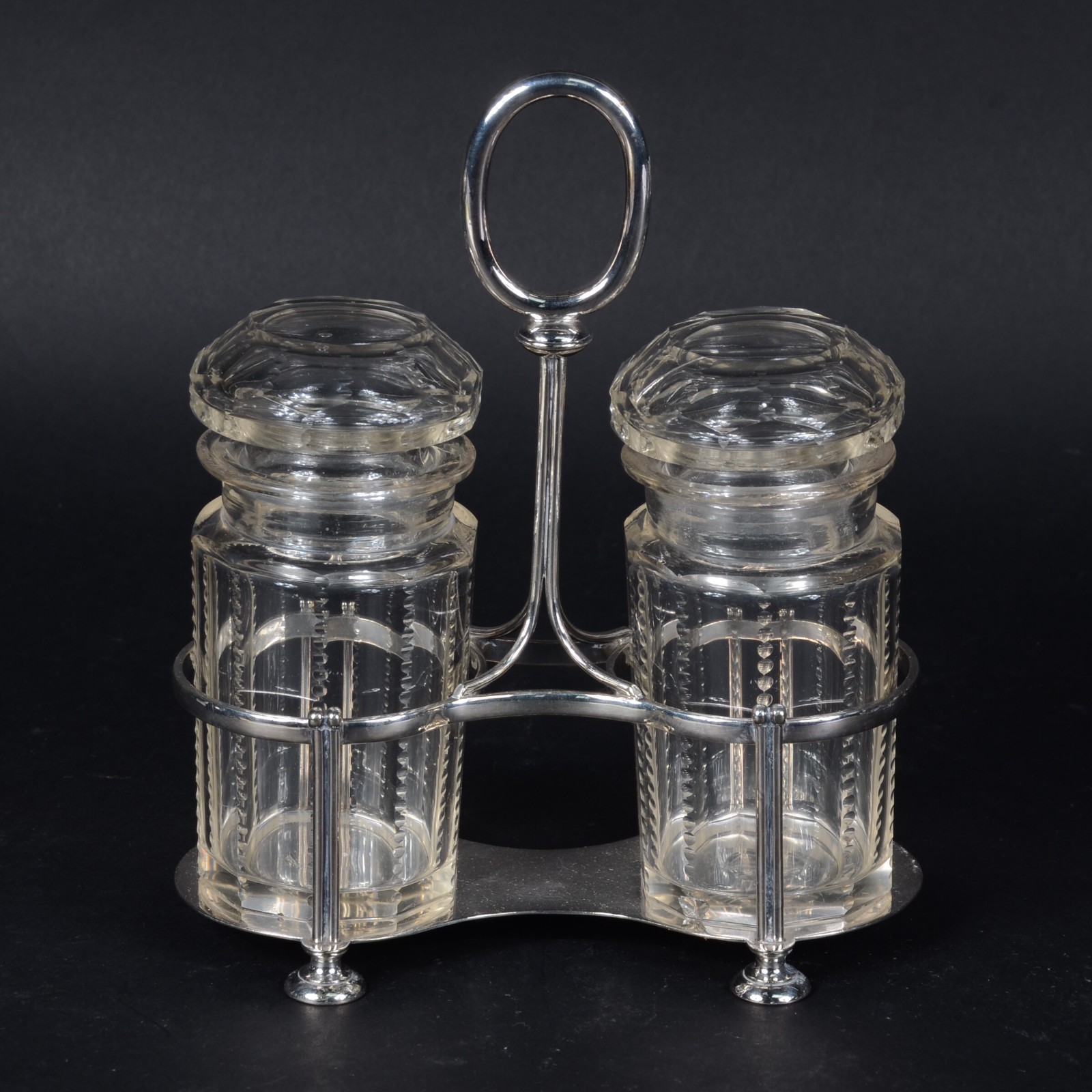 Porta picles com dois frascos de cristal lapidado e suporte de metal... - foto 1 de 6