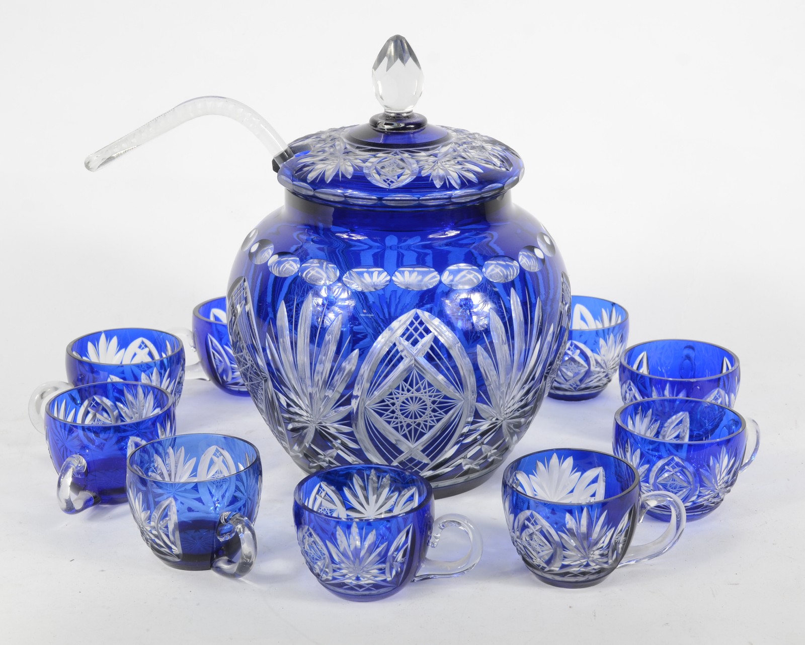 Poncheira de cristal double azul lapidado com 10 canecas e concha... - foto 1 de 8