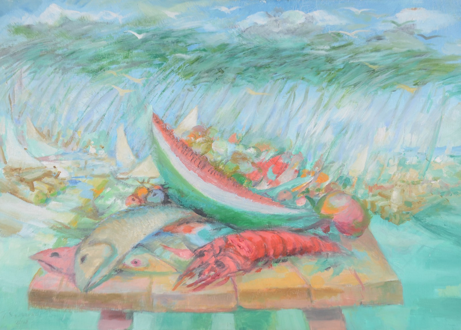 Enrico Bianco (1918-2013), Peixes, lagostas e frutas com jangadas ao fundo - foto 1 de 4