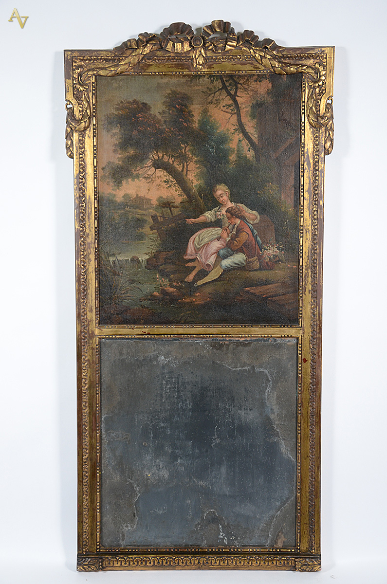 Grande espelho encimado por pintura em óleo sobre tela representando...