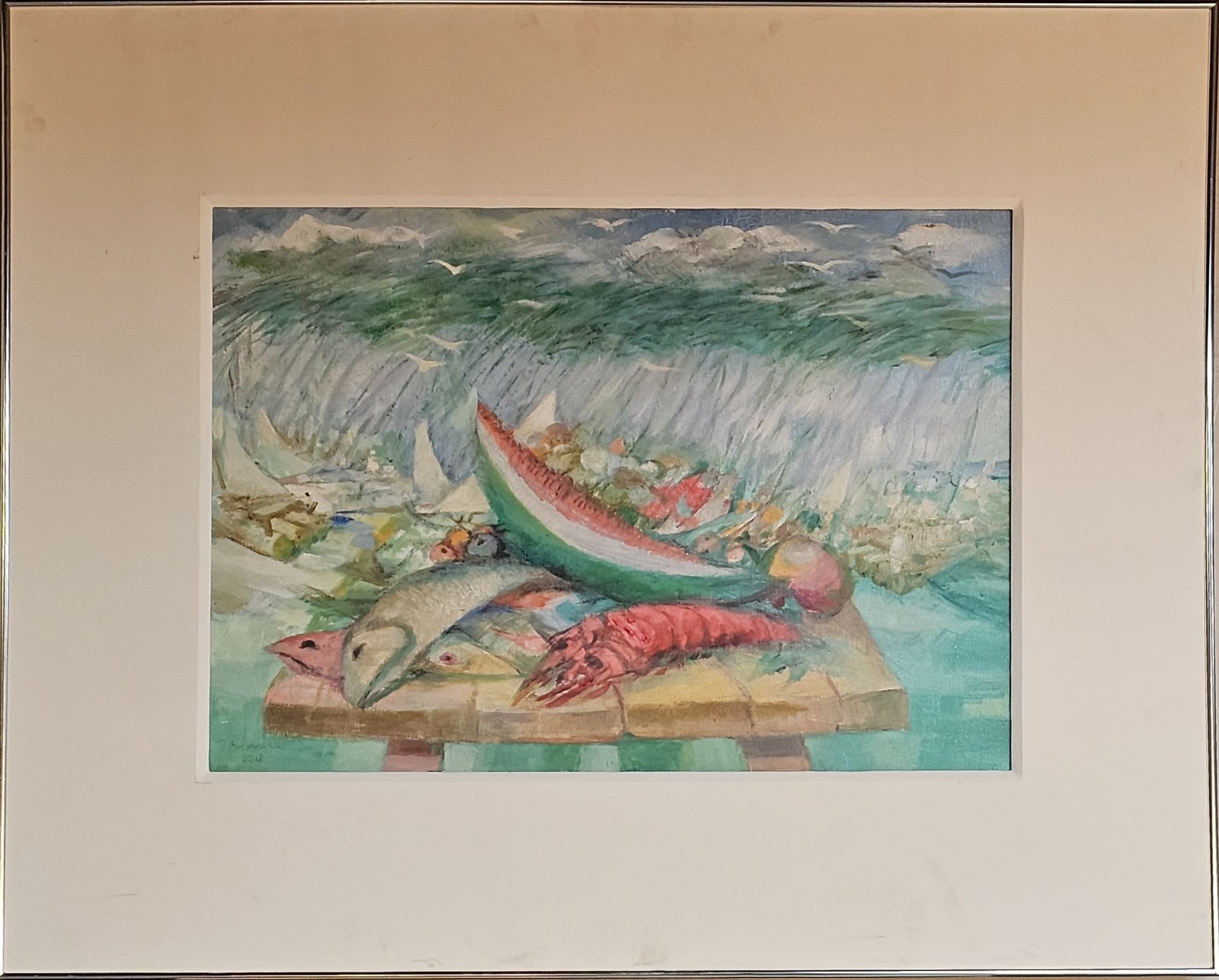 Enrico Bianco (1918-2013), Peixes, lagostas e frutas com jangadas ao fundo - foto 2 de 4