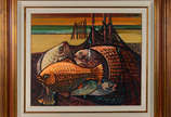 Fernando P. (1917-2005), Samburá de peixes - o.s.t.( pintura precisando de restauro)