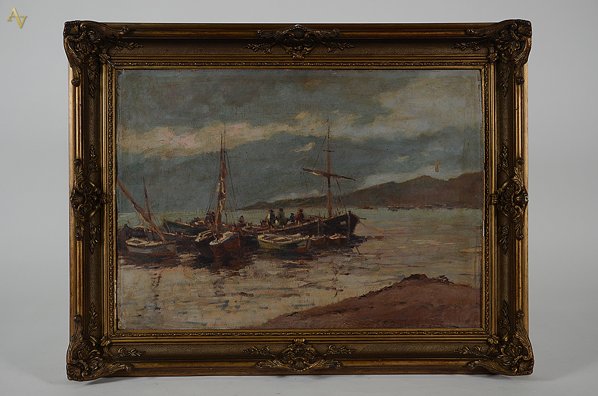 ASSINATURA NÃO IDENTIFICADA - Marinha com barcos - osc - 49 x 68 - foto 1 de 3