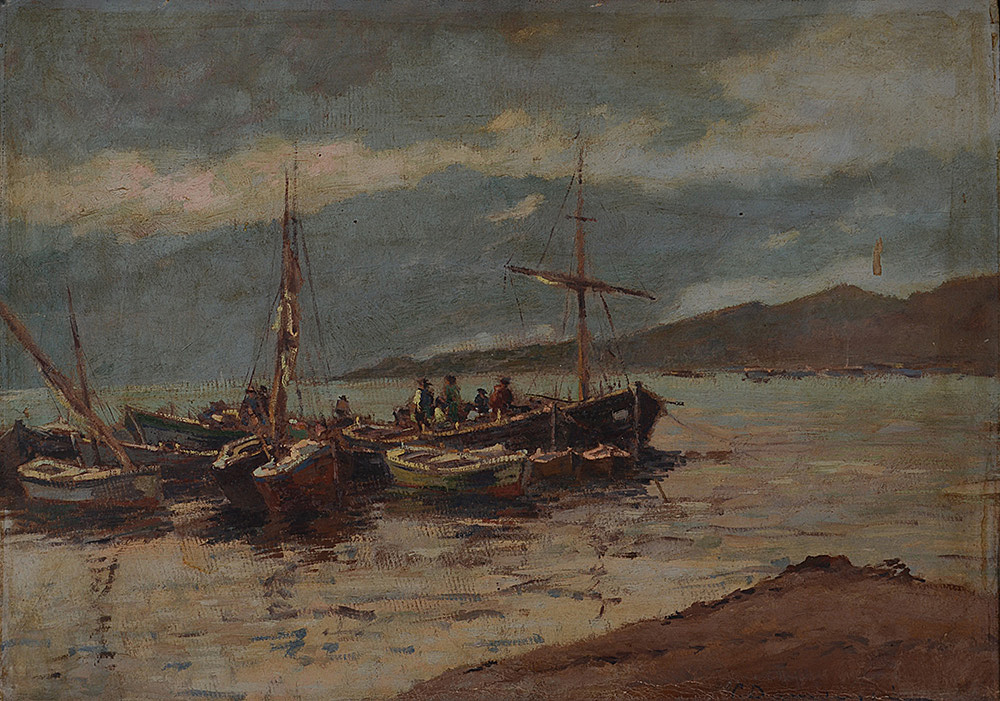 ASSINATURA NÃO IDENTIFICADA - Marinha com barcos - osc - 49 x 68 - foto 2 de 3
