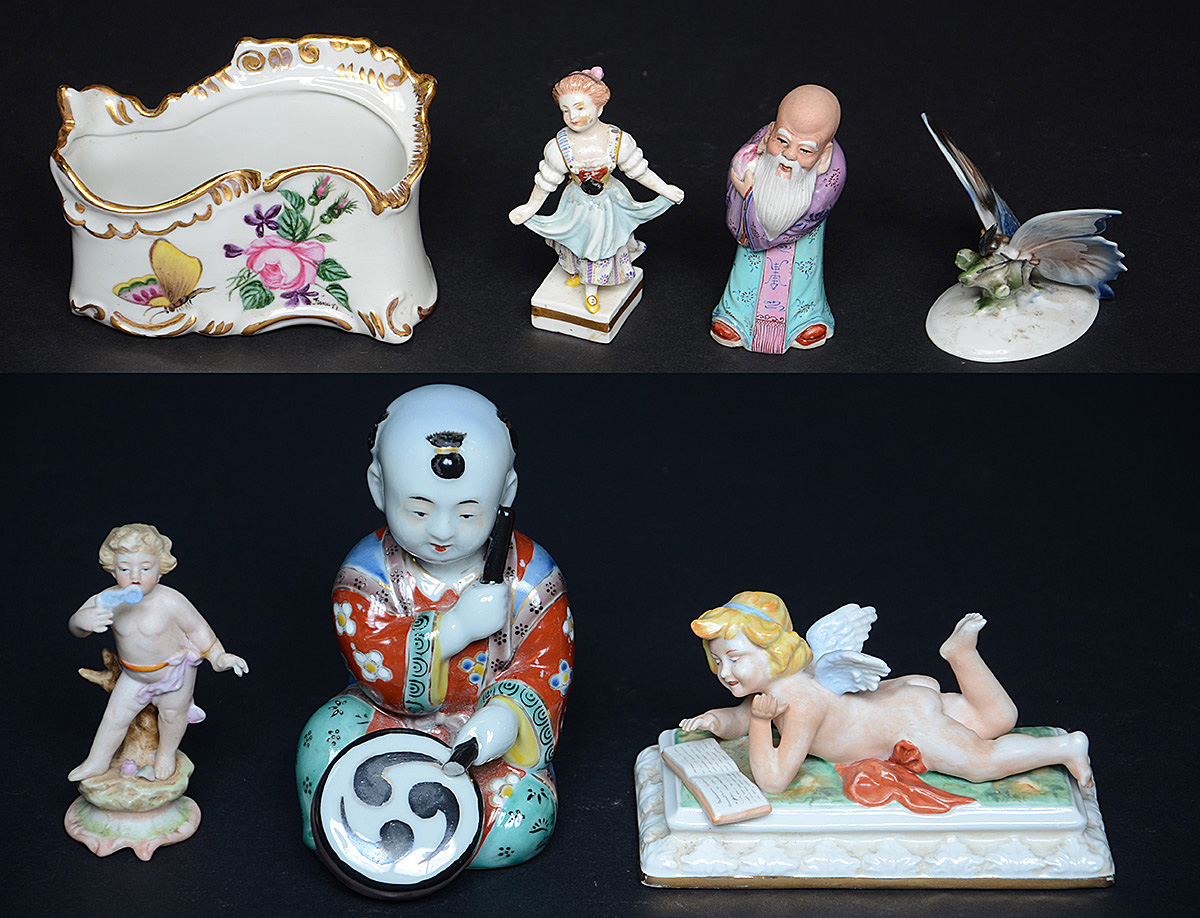 Sete peças diversas de porcelana policromada, sendo seis figuras e um... - foto 1 de 4