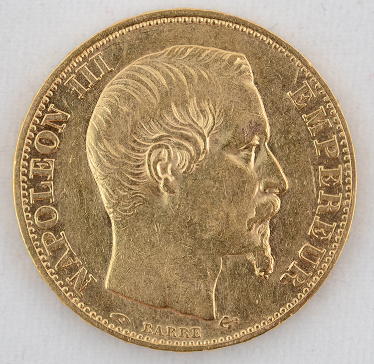 Moeda 20 francos - França 1857, flor de cunho, ouro 900 milésimos... - foto 1 de 2