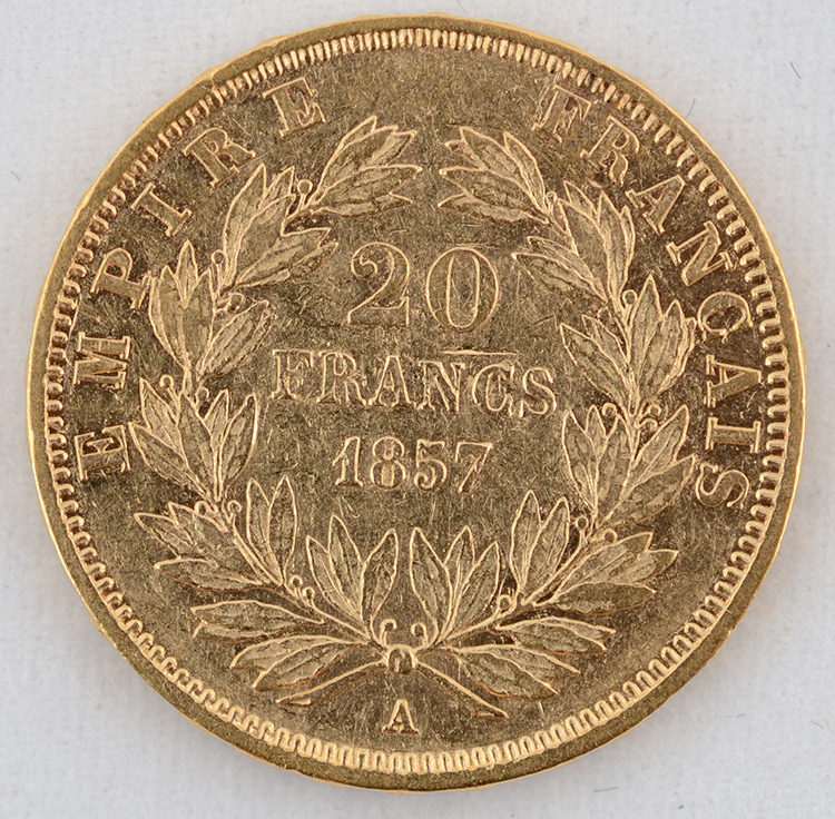 Moeda 20 francos - França 1857, flor de cunho, ouro 900 milésimos... - foto 2 de 2