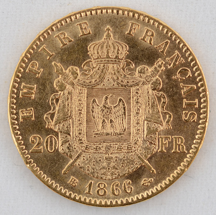 Moeda 20 francos - França 1866, flor de cunho, 900 milésimos - Peso... - foto 2 de 2