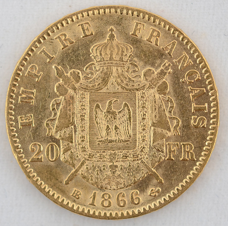 Moeda 20 francos - França 1866, flor de cunho, 900 milésimos - Peso... - foto 2 de 2