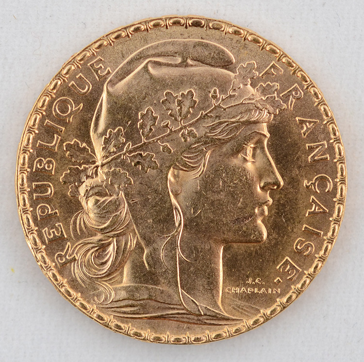Moeda 20 francos - França 1907, flor de cunho, 900 milésimos - Peso... - foto 1 de 2