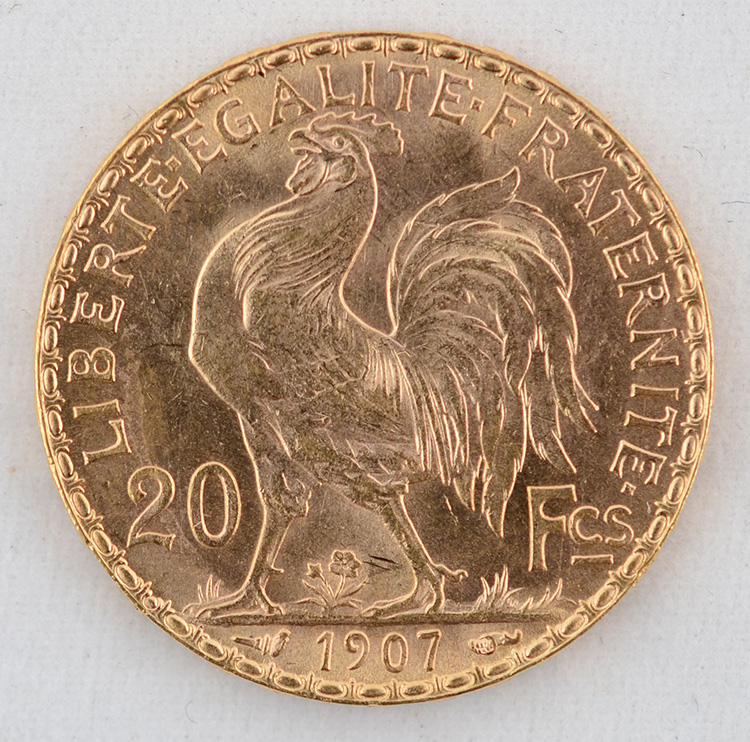 Moeda 20 francos - França 1907, flor de cunho, 900 milésimos - Peso... - foto 2 de 2