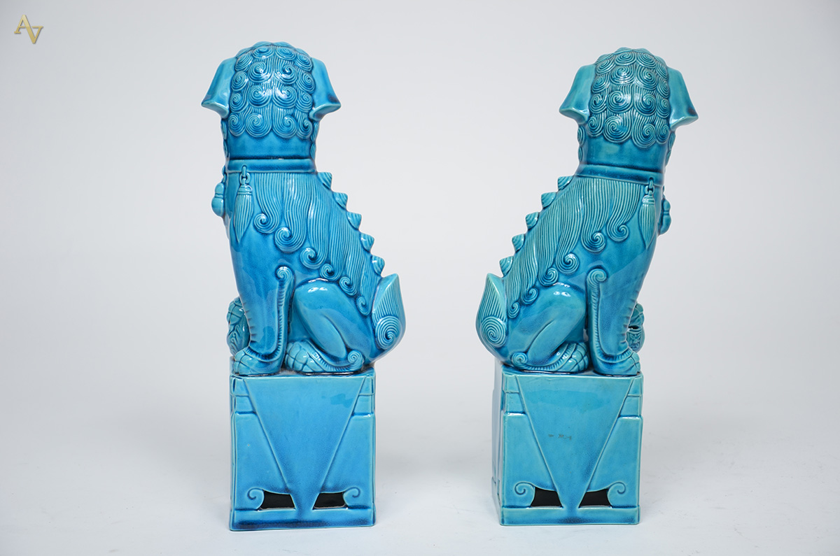 Par de cães de fó de porcelana oriental azul turquesa. Altura 30 cm... - foto 2 de 2