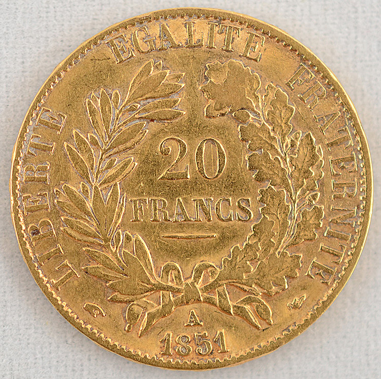 Moeda em ouro 900 milésimos: França, 20 francos de 1851. Peso total... - foto 2 de 2