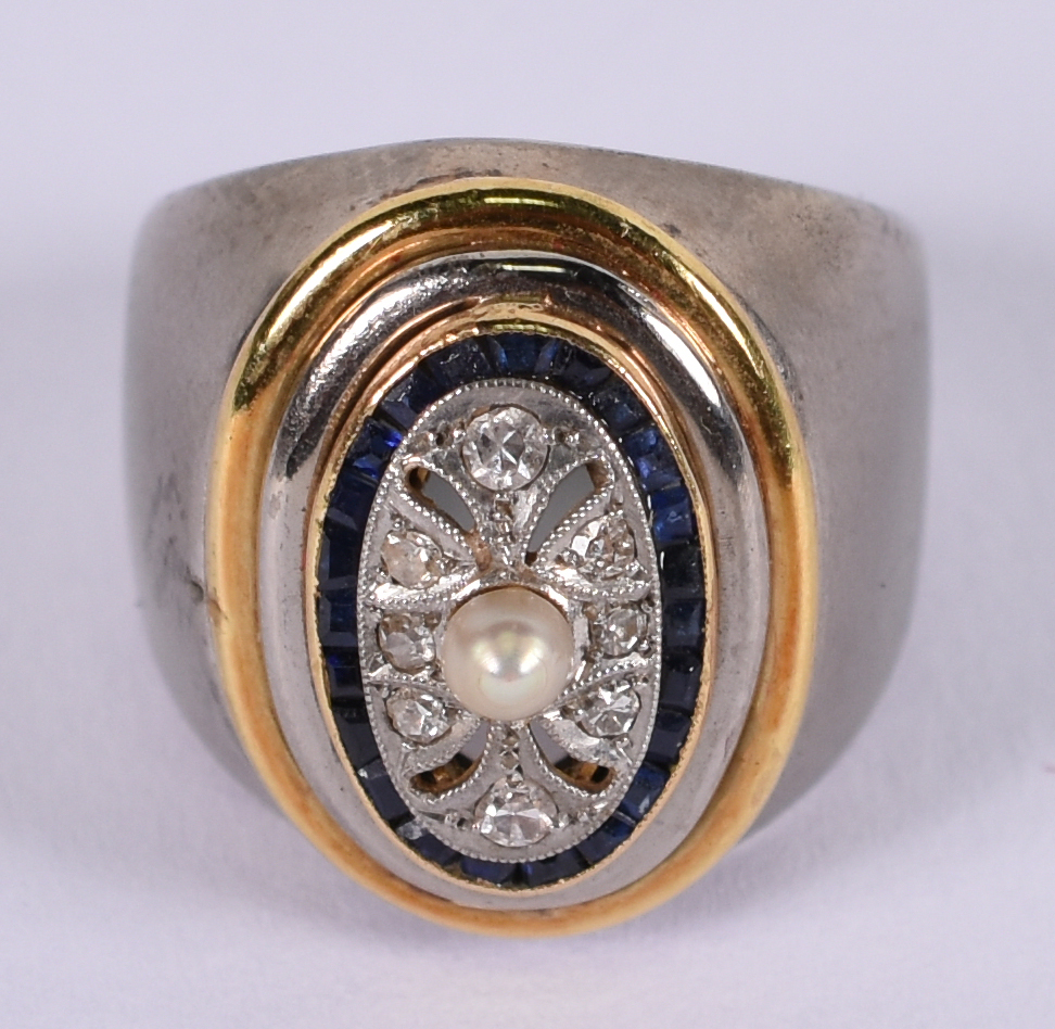 Anel de platina e ouro 18 k, pérola e safiras . Aro 18 ( Por questão... - foto 1 de 3