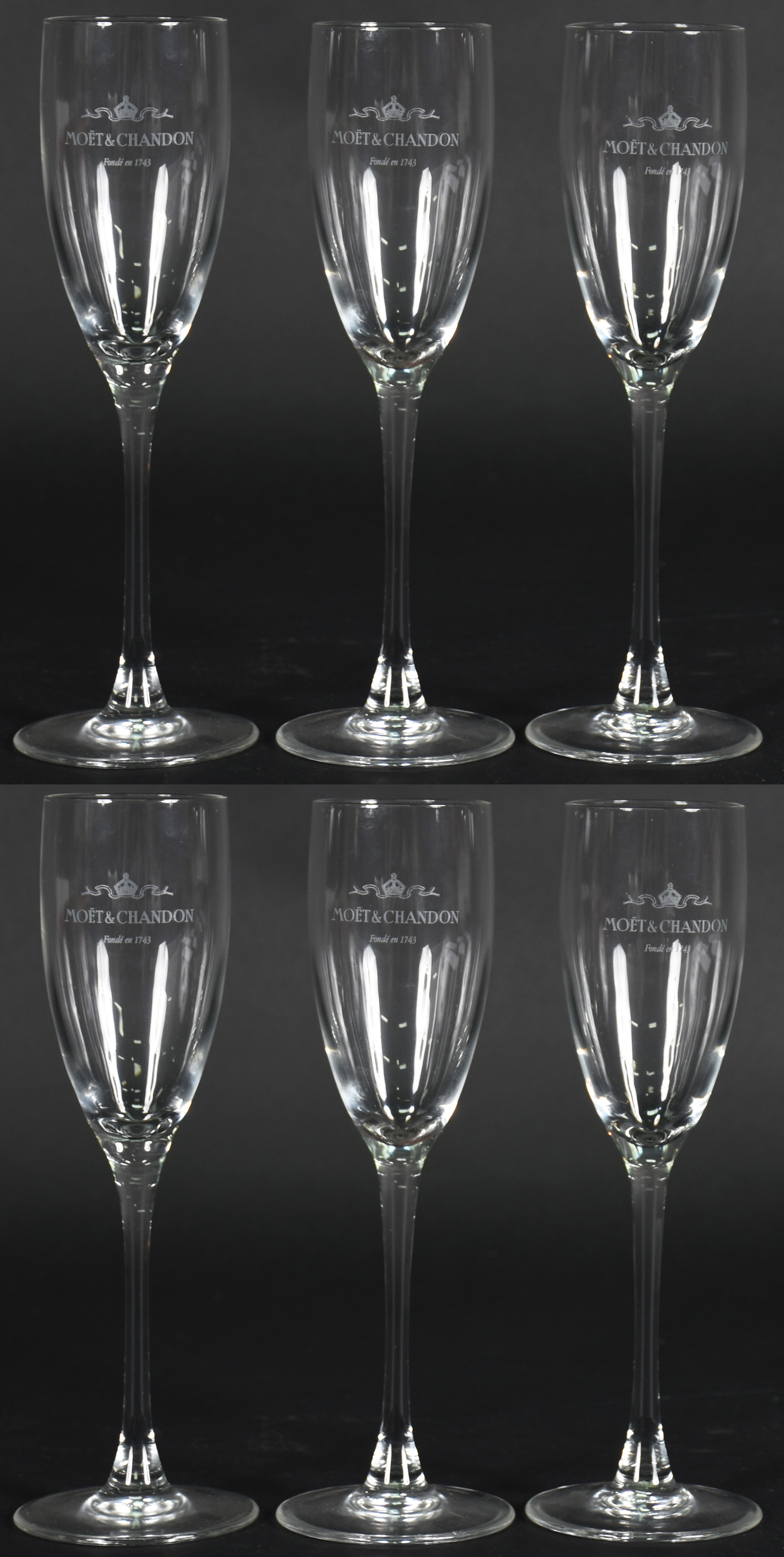 Seis flutes para champagne com a inscrição "Moet & Chandon", marcas... - foto 1 de 3
