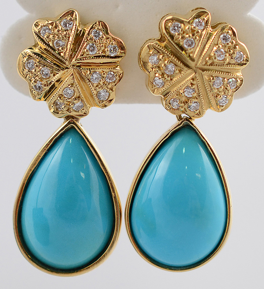 Par de brincos de ouro 18 k com 30 brilhantes e turquesas cabochons/...