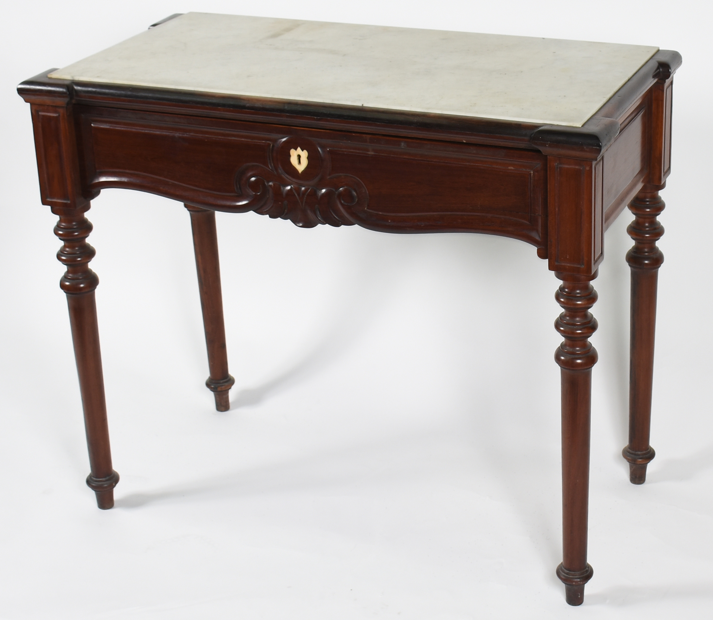 Mesa de encostar de jacarandá com gaveta com entalhe , tampo de... - foto 1 de 4