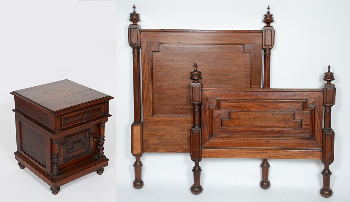Cama de solteiro de madeira nobre, estilo Império, arremate com pinos... - foto 1 de 2
