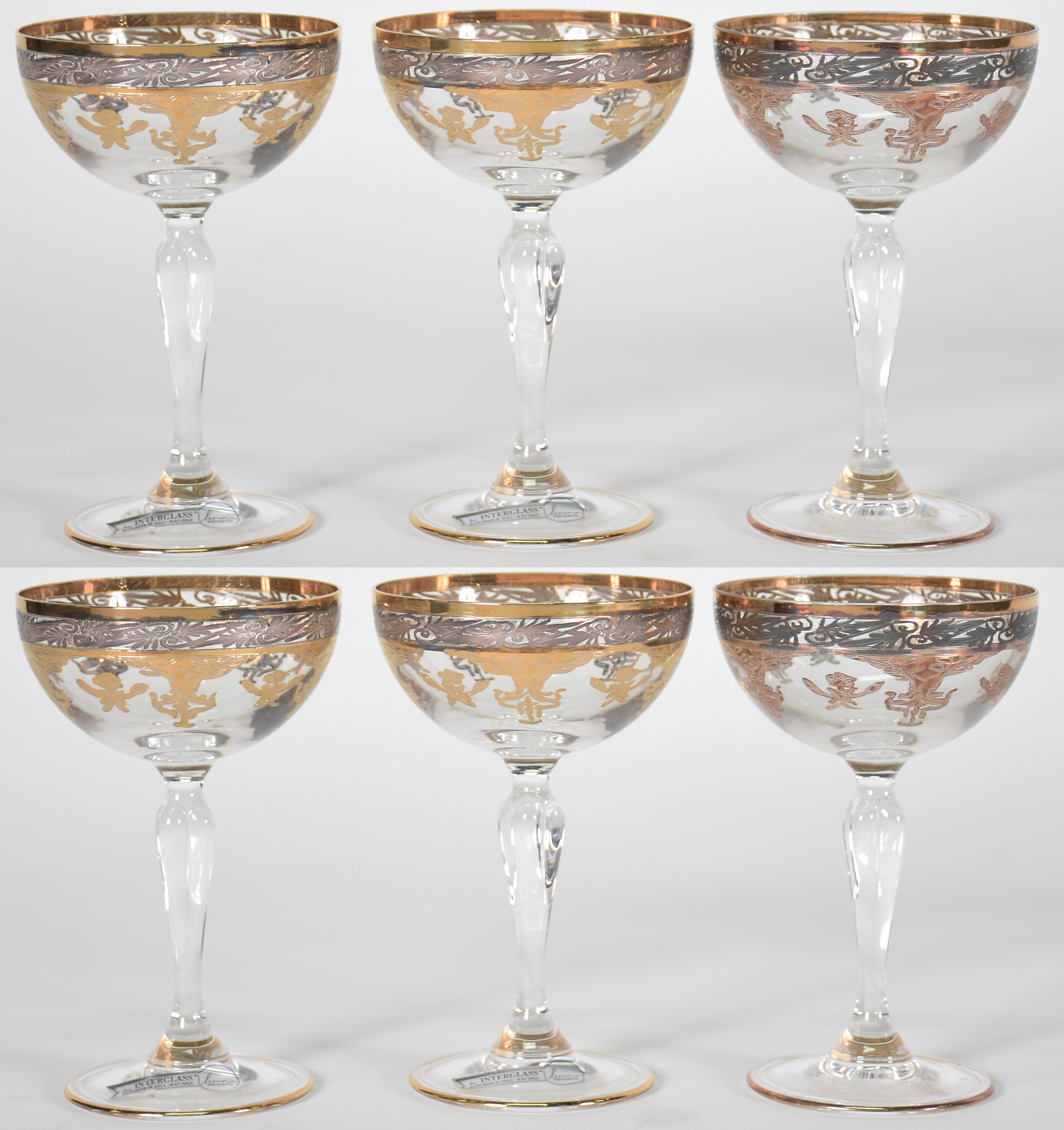 Seis taças italianas de champagne decoradas com guirlandas douradas... - foto 1 de 4