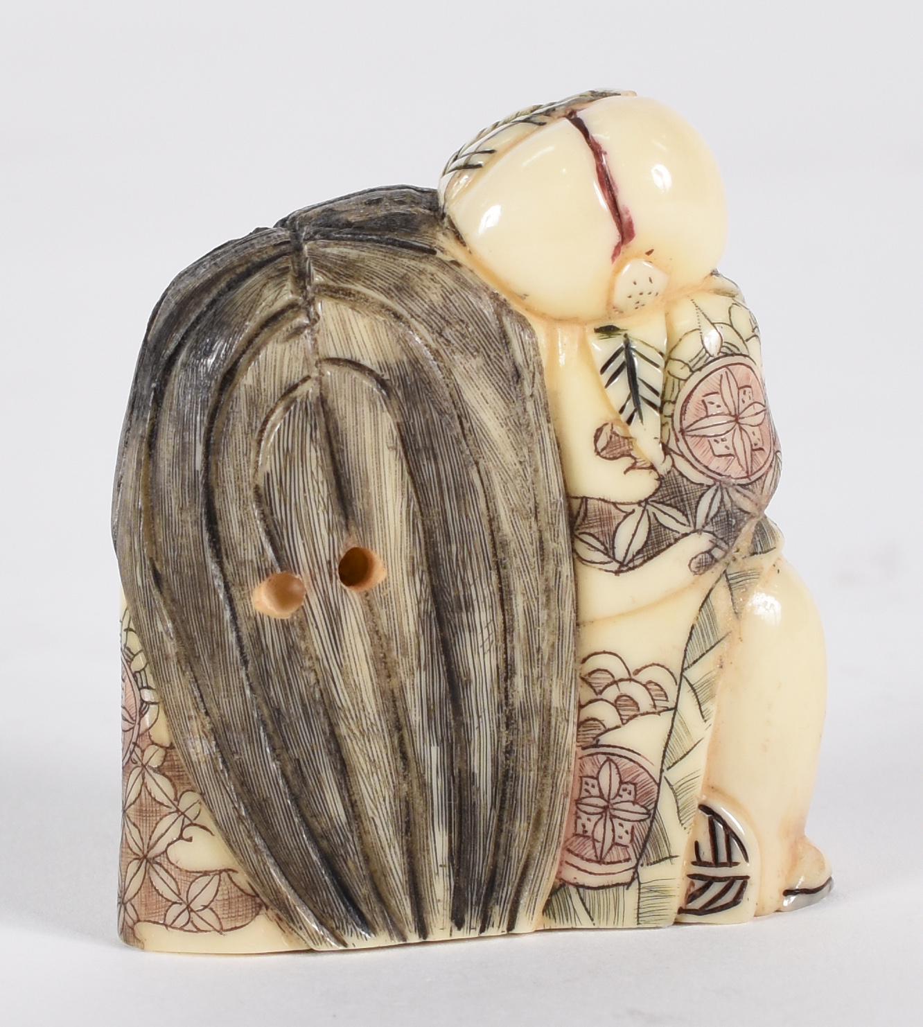 Netsuke de marfim , personagem teatro Kabuki, rosto móvel , assinado. - foto 3 de 4