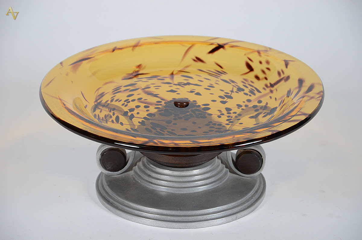 Fruteira com base de metal e prato em cristal de murano mesclado em... - foto 1 de 2